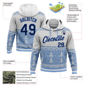 Custom Blue White Christmas Pattern Hooded Fleece Sweatshirt Unisex Personalized Team Name Number Pocket Printed Casual Winter - Product Image 2