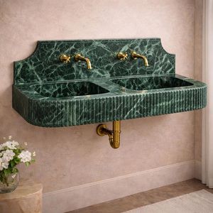 Lavabo Ovalado Irregular de Mármol Verde Tallado a Mano con Marco Metálico para Uso en Almacenes y con Desagüe - Product Image 3