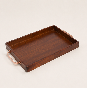 Premium Handcrafted Wooden Serving Tray With Elegant <b>Copper</b> Metal Handles Large Rectangular Decorative Platter For Coffee Table - Product Image 6