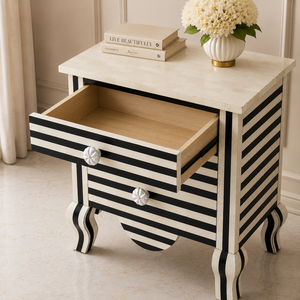 <b>Black</b> White Bone Inlay Handmade Durable Multifunction Nightstand Floral Design Scalloped Legs Storage for Home Office Hotel - Product Image 4