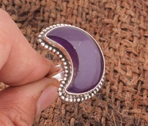 Anillo de Plata de Ley 925 de Lujo con Amatista Natural y Jade, Anillo de Luna Hecho a Mano con Puntos, Anillo Vintage para Mujer, Regalo, Joyería Fina Vintage - Product Image 6