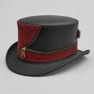 Chapeau haut de forme en cuir steampunk fait main de qualité supérieure, sur mesure, noir et rouge avec fermeture éclair - Product Image 1