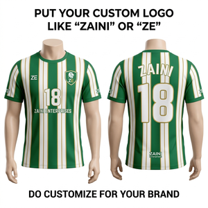 Camiseta de Fútbol de Poliéster Interlock Premium de 220 GSM, Verde con Rayas Blancas, Impresión Digital, Logotipo Personalizado, Ropa Deportiva Transpirable, Cuello Mao - Product Image 1