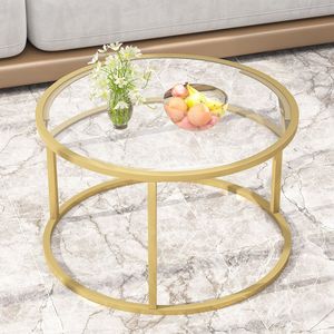 Modern Round <b>Gold</b> <b>Glass</b> Coffee <b>Table</b> with Marble Top 27 Inch Sturdy Center <b>Table</b> for Small Spaces - Product Image 1