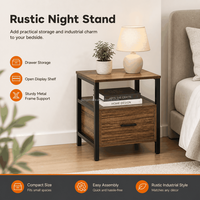 Table de chevet rustique en bois grainé avec tiroir et étagère ouverte, structure métallique – Fournisseur OEM/ODM de meubles de chambre à coucher