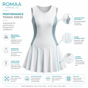 White Aqua Grey Custom Women Tennis Dress Sleeveless Half Zip Quick Dry Athletic Uniform with Flared <b>Skirt</b> and <b>Mesh</b> Panels - Product Image 3
