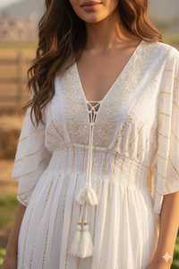 Vestido largo maxi de algodón blanco estilo bohemio, vestido de novia para playa, ropa de verano para mujer y niña, unisex. - Product Image 6