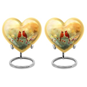 Support décoratif en or en forme de cœur avec motif d'oiseaux cardinaux pour la décoration de la maison, magnifiques urnes en forme de cœur pour les cendres humaines adultes - Product Image 1