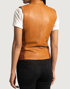 Gilet moto en cuir véritable pour femme avec détails rivetés aux épaules, col montant, fermeture éclair, couleur unie, style motard - Product Image 3