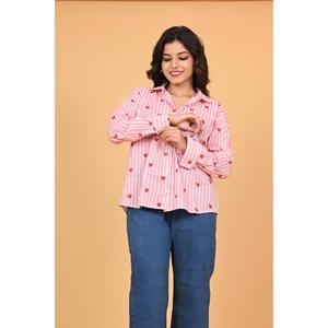 Camisa de Algodón a Rayas con Estampado de Corazones para Mujer, Blusa de Manga Larga con Botones, Estilo Casual Chic, Linda Camisa de Oficina Estilo San Valentín - Product Image 2