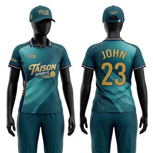 ชุดเสื้อและกางเกงคริกเก็ตหญิง ผ้าโพลีเอสเตอร์อินเตอร์ล็อค 185 GSM สีเขียวทอง ลายแผง ดีไซน์พิมพ์ลายโลโก้แบบ Sublimation - Product Image 3