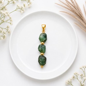 Natural <b>Emerald</b> Three Stone <b>Pendant</b> | Raw Green Crystal Charm | Gold Accent Boho Necklace Jewelry - Product Image 5