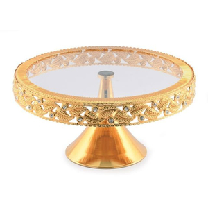 Support à gâteau rond en métal doré avec motif de feuilles ornées et accents en cristal, pour mariages et anniversaires - Product Image 1