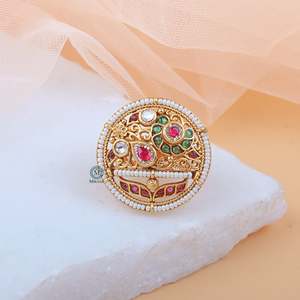 Pragya Antique Designer Vintage Gemstone <b>Ring</b>-<b>24K</b> <b>Gold</b> Plated Steel Pave Setting - Product Image 3