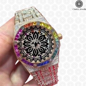 Montre de Luxe pour Homme en Acier Inoxydable, Cadran Tonneau, Lunette en Cristal Arc-en-ciel, Bracelet Diamanté, Mouvement Mécanique Analogique, Étanchéité 10 ATM - Product Image 1