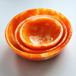 Ensaladera de resina hecha a mano elegante y moderna, juego de servicio de comida de bajo precio con efecto de mármol naranja, incluye tazones de fruta naranja - Product Image 2