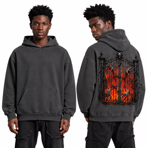 เสื้อฮู้ดดี้ผู้ชายทรงโอเวอร์ไซส์สีดำลายกราฟิก 3 มิติ Hell Gate สไตล์สตรีทแวร์ ผลิตแบบ OEM ODM รับผลิตตามสั่งพร้อมโลโก้ - Product Image 1