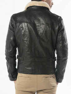 Veste de moto en cuir véritable pour homme avec doublure en fausse fourrure, fermeture éclair, vêtement d'extérieur d'hiver, coupe classique, noir - Product Image 5