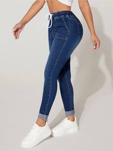 Jean Capri en Coton pour Femme, Taille Élastique avec Cordon de Serrage, Respirant, Très Extensible, Coupe Skinny, Denim Uni, Style Décontracté, Été Hiver - Product Image 5