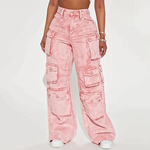 Pantalones vaqueros cargo de mujer de cintura alta, color rosa, con lavado ácido, multibolsillos, holgados, de pierna ancha, de algodón, estilo utilitario, para trabajo y streetwear. - Product Image 5