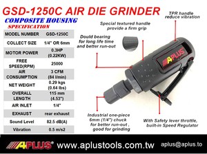 Amoladora Neumática APLUS GSD-1250 de 1/4" (6 mm) con Punta Recta, 0.3 HP, 25,000 RPM, 115 mm de Longitud, para Desbarbar Superficies Metálicas, ISO9001 - Product Image 2