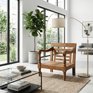 Modern Classic Solid <b>Wood</b> Armchair Elegant Slatted Back Single Wooden <b>Sofa</b> Furniture For Rustic Home Setup Art Design Pure Art - Product Image 3