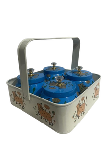 Panier de rangement rectangulaire blanc avec poignée, quatre pots à épices bleus à couvercle, motif animal mignon, organisateur de cuisine - Product Image 1