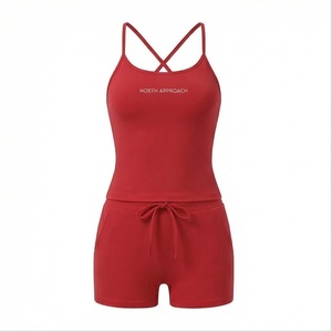 North Approach 2 Piece Yoga Set Crisscross Strap Crop <b>Top</b> Shorts Solid Red Breathable Women's Sportswear - Product Image 4