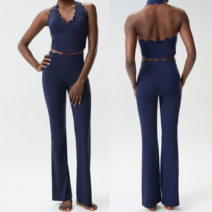 Women's Yoga Halter Neck High Waist <b>Flared</b> <b>Leggings</b> 2-Piece Set Breathable Spandex/Nylon Seamless Cut-Out Printed Navy Blue - Product Image 5