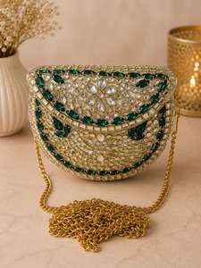 Luxury Green Stone Embellished Flap Closure Clutch <b>Bag</b> with Gold Chain Strap and Mirror <b>Work</b> Bridal Handbag for Women - Product Image 1