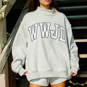 WWJD OEM Custom Cotton Fleece Sweatshirt <b>Mock</b> <b>Neck</b> Crew <b>Neck</b> Embroidered Chenille Letter Sorority Wear - Product Image 5