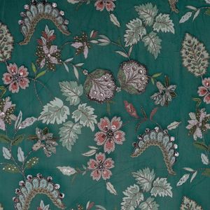 Deep <b>Emerald</b> Green Georgette Fabric High-Definition Threadwork Floral Vine Pattern Luxury Medium Weight Printed Silk for Wedding - Product Image 5