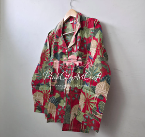 Premium Women's Red Cotton Summer Pajama Set Two-Piece Nightwear Full-Sleeve Button Shirt Comfortable Matching <b>Trousers</b> - Product Image 3