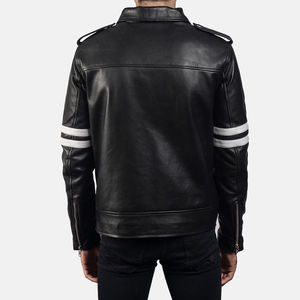 Men's Black Genuine <b>Leather</b> Biker <b>Jacket</b> with White Sleeve Stripes Zip Front Motorcycle Rider Casual Fashion Outerwear Custom - Product Image 5