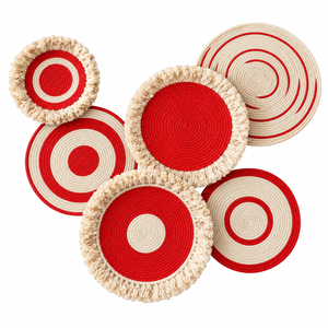 Ensemble de 6 tentures murales rondes modernes en ficelle de lin tissée à la main, motif cercles concentriques rouge et beige, lavables, décoration intérieure pour cuisine - Product Image 3