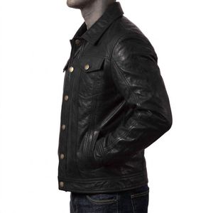 Chaqueta de Cuero Genuino Negra para Hombre, Estilo Moto Clásico, Cuello Camisero, Cierre de Botones, Corte Regular, Ropa de Otoño, Chaquetas para Hombre - Product Image 5