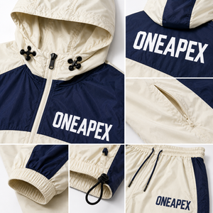 Custom <b>Navy</b> Blue Cream Color Block Hooded Tracksuit Set Windbreaker Jacket and Loose Fit <b>Jogger</b> Pants Streetwear - Product Image 3