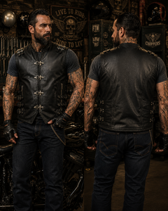 <b>Men's</b> Genuine <b>Leather</b> Motorcycle Vest Stand Collar Moto Biker <b>Jacket</b> With Zippers And Buckle Closure - Product Image 2