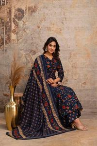 Traje Anarkali de Algodón de Secado Rápido Azul Marino para Mujer con Dupatta, Corte Regular Tradicional, Largo hasta la Rodilla, Ropa Casual para Todas las Temporadas - Product Image 3