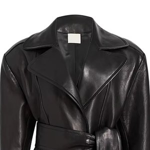 <b>Women's</b> Genuine Leather Wrap <b>Jacket</b> With Belt And Spread Collar <b>Short</b> Length Full <b>Sleeve</b> Autumn Style - Product Image 6