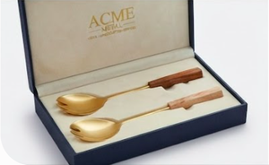 Wooden Handle Sleek Matte Gold Finished Stainless Steel Salad <b>Server</b> Perfect For Restaurants Hotel And Resort - Product Image 6
