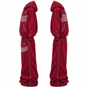 OEM Custom Unisex Rhinestone Tracksuit Burgundy <b>Full</b> <b>Zip</b> <b>Hoodie</b> Wide Leg Studded Streetwear Set - Product Image 3