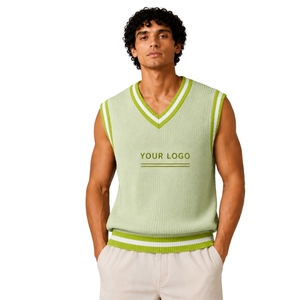 <b>Mens</b> Mint Green With Lime Green And <b>White</b> Contrast Stripe Summer Knit Sweater <b>Vest</b> V Neck Sleeveless Pullover Customized Logo - Product Image 1
