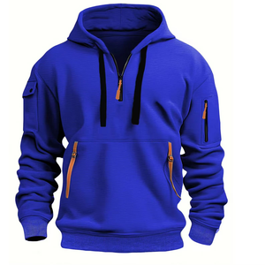 Sudadera con Capucha y Media Cremallera para Hombre, Color Sólido, Diseño con Bolsillos, Estilo Casual, Corte Regular, Estilo Otoñal, 100% Poliéster - Product Image 6