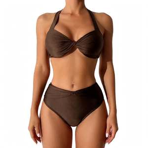 Conjunto de Bikini para Mujer, Bikini Halter Marrón con Frente Cruzado y Cintura Alta, Traje de Baño de Dos Piezas en Color Sólido, Spandex y Poliéster - Product Image 2