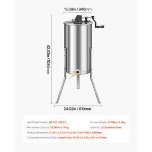 Smielatore Manuale a 2 Telai con Coperchio Trasparente, Tamburo in Acciaio Inossidabile, Altezza Regolabile, per Aziende Agricole - Product Image 3