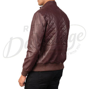 Men Maroon Genuine <b>Leather</b> Quilted Bomber <b>Jacket</b> with Standing Collar and Ribbed Cuffs - Product Image 1