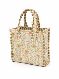 Quilted Striped Pattern Cotton <b>Tote</b> <b>Bag</b> Yellow <b>White</b> Zipper Closure Fashion Style All Seasons Use for Travel Shopping Beach - Product Image 1