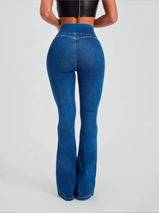 Jean en denim évasé taille haute pour femme, longueur complète, délavage moyen, coton, style décontracté printemps - Product Image 3