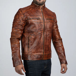 Chaqueta de Cuero de Alta Calidad para Hombre, Corte Ajustado, con Cierre, Chaqueta de Cuero Marrón Encerado, Fabricada por OEM - Product Image 3